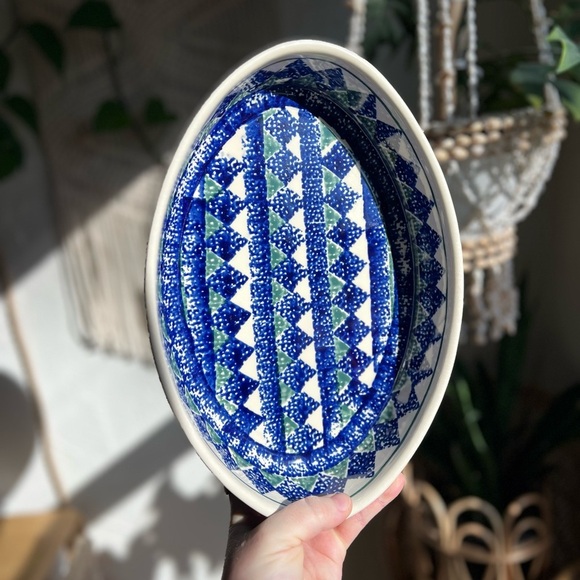 Polish Pottery Bolesławiec 11x7 Oval Serving Dish Hand-Painted Blue Green - Picture 2 of 5